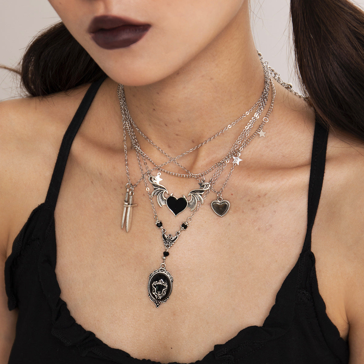 Dark Punk Love Wings Pendant Necklace