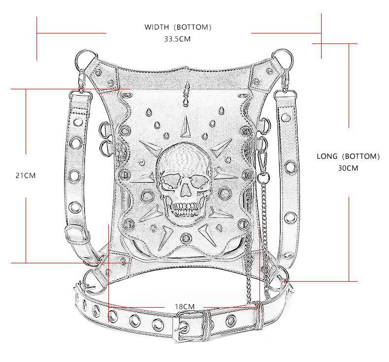 Bolsa transversal feminina de um ombro com caveira punk para viagem ao ar livre com corrente