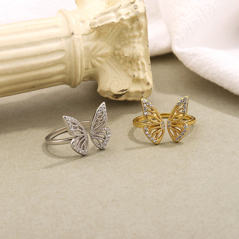 Small Style Adjustable Opening 925 Sterling Silver Hollow Butterfly Ring