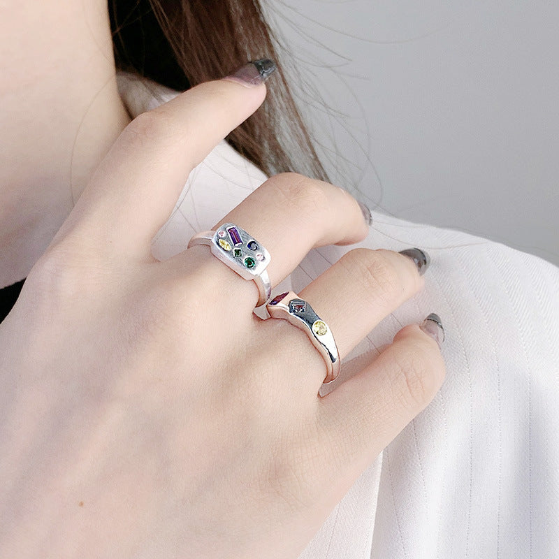 S925 Silver Open Personality Ring Simple Colored Zircon Square Ring