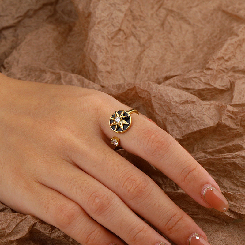 Small and Luxury Open Ring 925 Sterling Silver Rotating Compass Octagon Star Ring