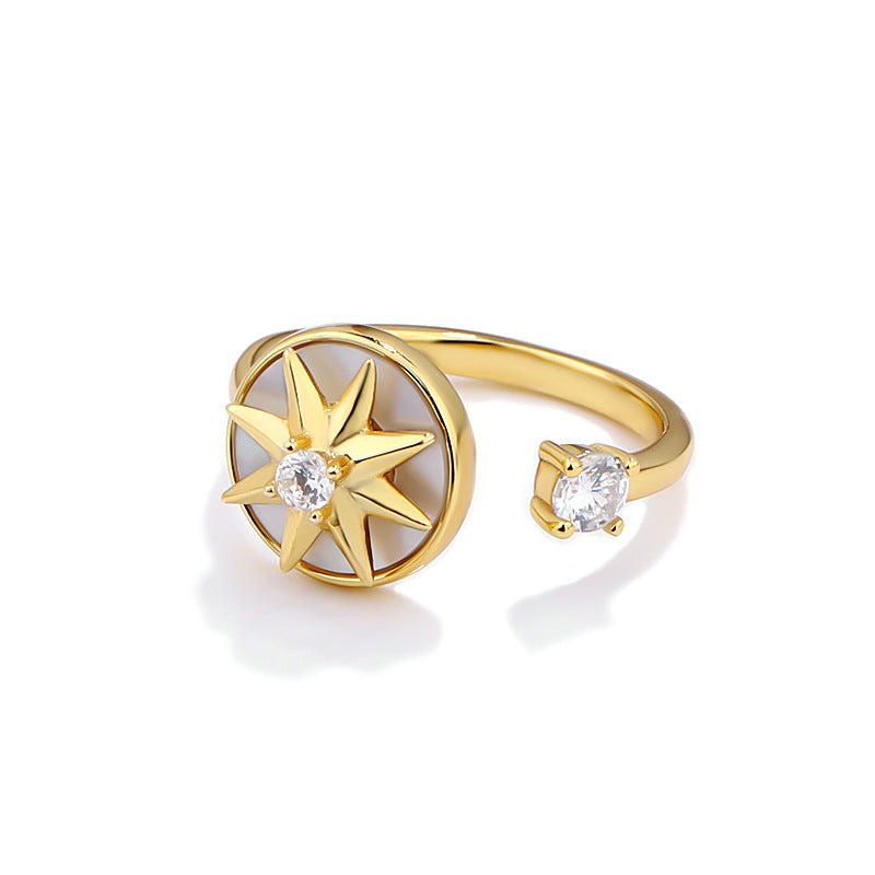 Small and Luxury Open Ring 925 Sterling Silver Rotating Compass Octagon Star Ring