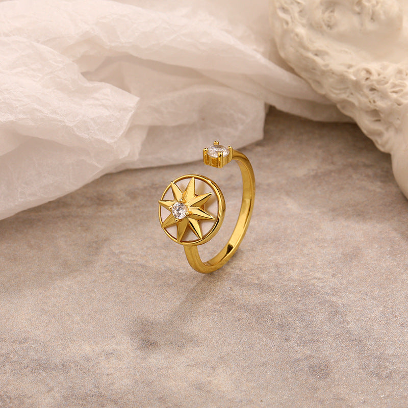 Small and Luxury Open Ring 925 Sterling Silver Rotating Compass Octagon Star Ring