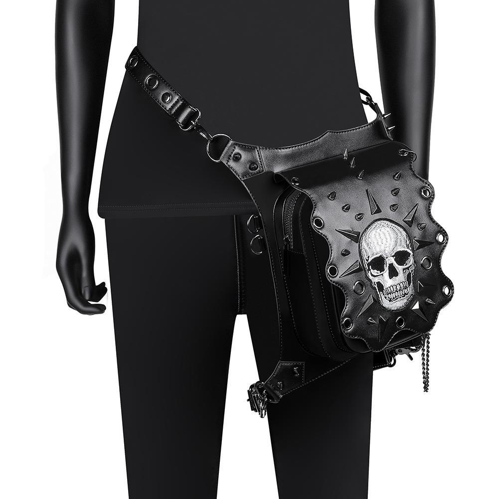 Bolsa transversal feminina de um ombro com caveira punk para viagem ao ar livre com corrente