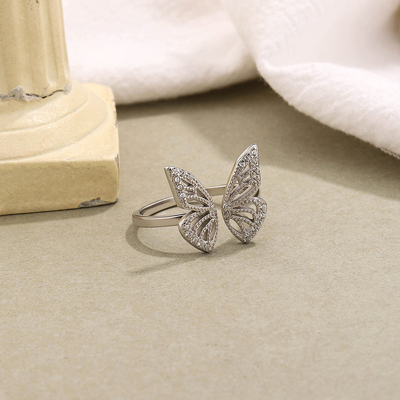 Small Style Adjustable Opening 925 Sterling Silver Hollow Butterfly Ring