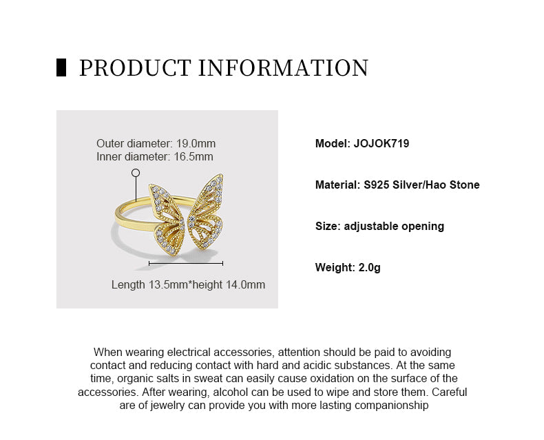 Small Style Adjustable Opening 925 Sterling Silver Hollow Butterfly Ring